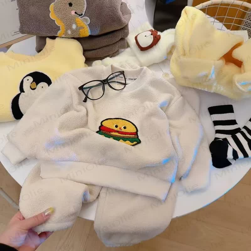Toddler Cartoon Patch Plush Fleece 2-piece Lounge Set - Beige - 10-11T - image 2