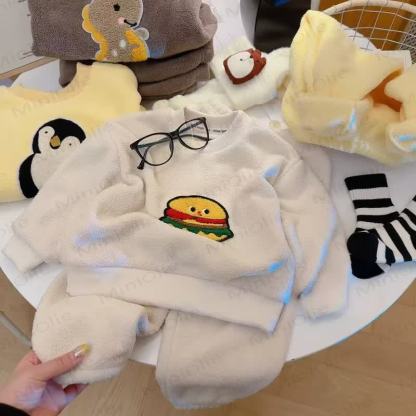 Toddler Cartoon Patch Plush Fleece 2-piece Lounge Set - Beige - 10-11T - image 2