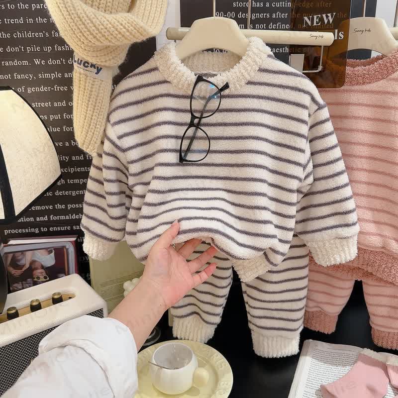 Toddler Striped Plush Pullover 2-piece Loungewear Set - Gray - 10-11T - image 3