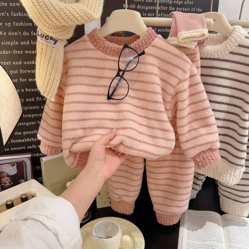 Toddler Striped Plush Pullover 2-piece Loungewear Set - Pink - 10-11T - image 2