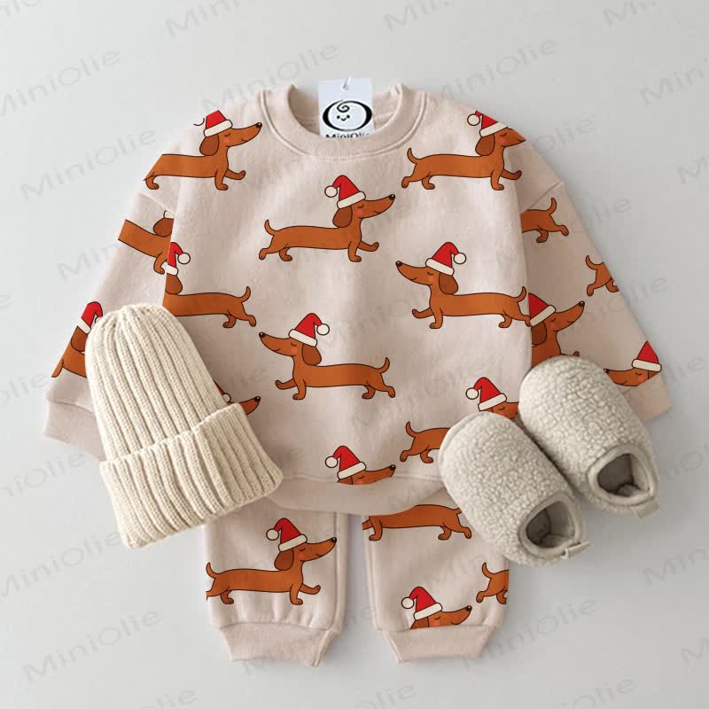 Baby Beige Santa Hat Dachshund Print 2-piece Set - Beige - 3-5T - image 1