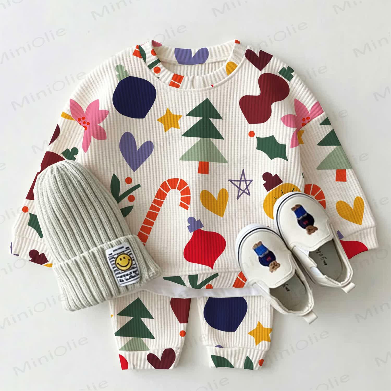 Baby Christmas Print Waffle 2-piece Beige Set - Beige - 2-3T - image 1