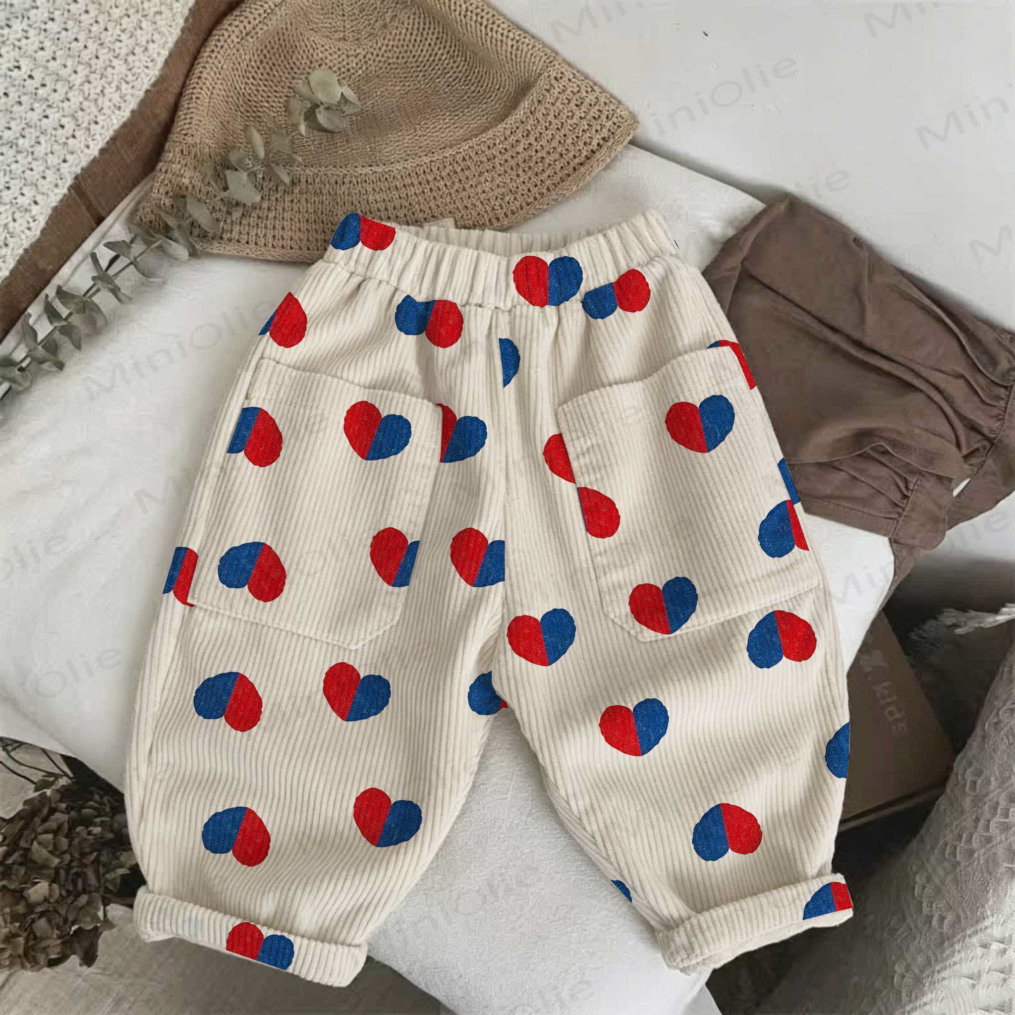 Baby Toddler Red and Blue Heart Beige Corduroy Pants - Beige - 3-5T - image 1