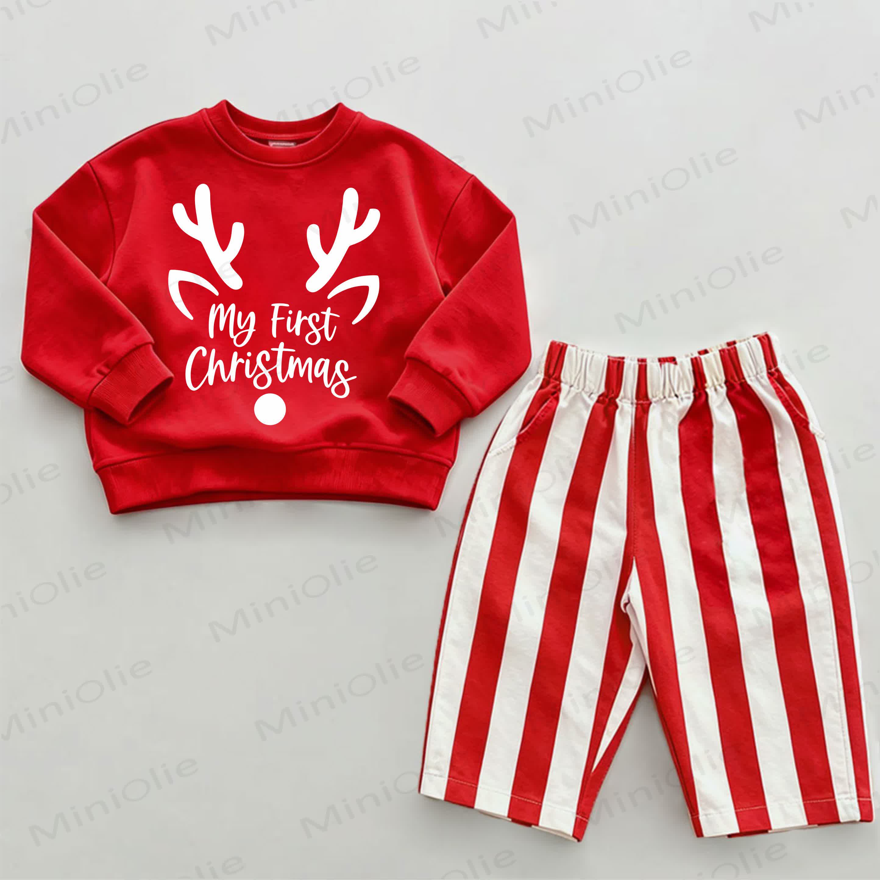 MY FIRST CHRISTMAS Baby Deer Horn Red Vertical Striped 2-piece Set - White&Red - 2-3T - image 1