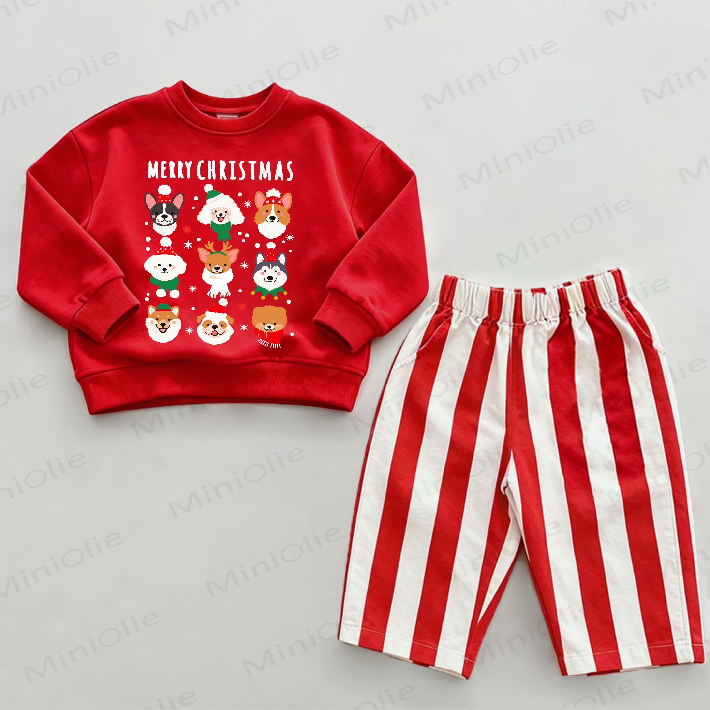 MERRY CHRISTMAS Baby Christmas Dogs Red Vertical Striped 2-piece Set - White&Red - 2-3T - image 1
