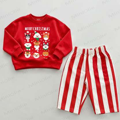 MERRY CHRISTMAS Baby Christmas Dogs Red Vertical Striped 2-piece Set - White&Red - 2-3T - image 1