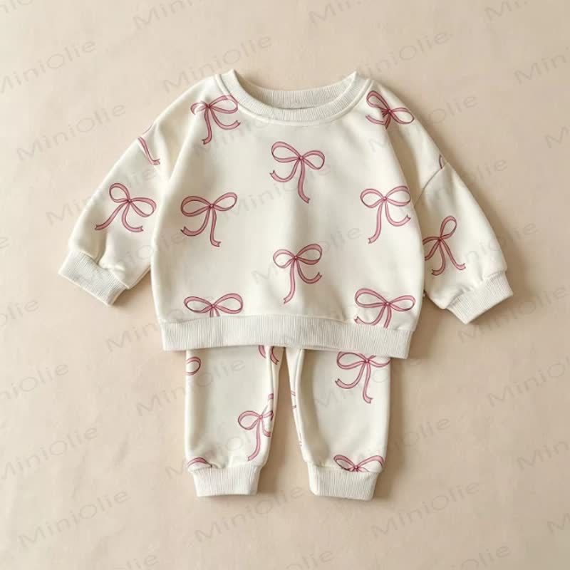 Toddler Girl Bow Print Print Sweatshirt and Jogger 2-piece Set - Beige - 8-10T - image 2
