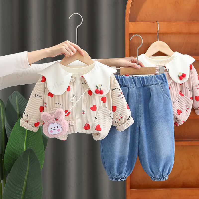 Toddler Girl Bunny Heart Print Corduroy Cardigan and Denim Pants 3-piece Set - image 1