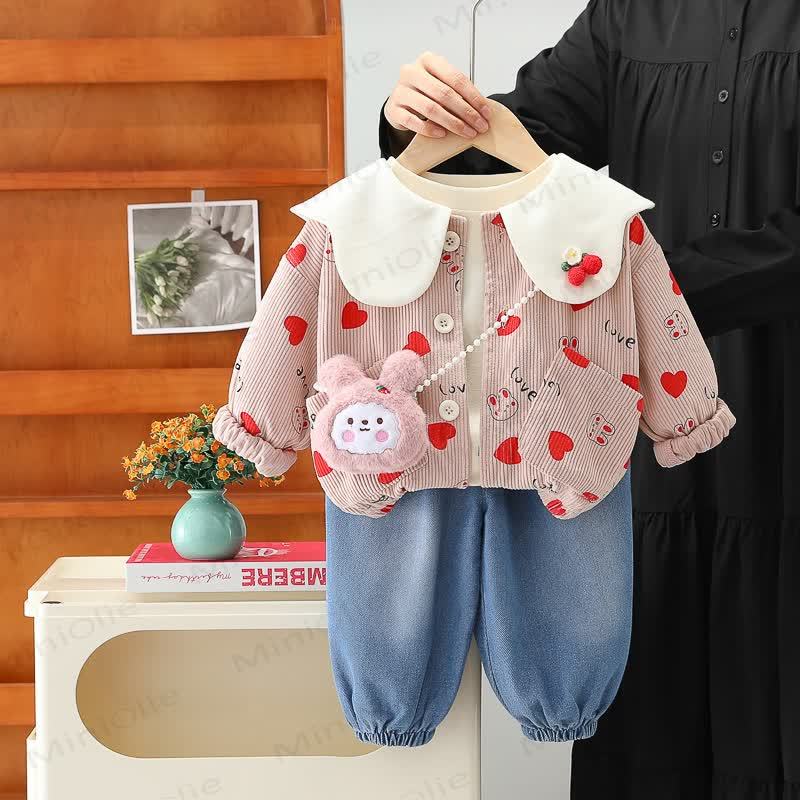 Toddler Girl Bunny Heart Print Corduroy Cardigan and Denim Pants 3-piece Set - Pink - 4-5T - image 2