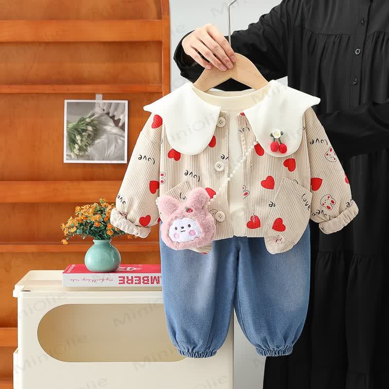 Toddler Girl Bunny Heart Print Corduroy Cardigan and Denim Pants 3-piece Set - Beige - 4-5T - image 3