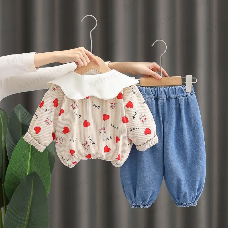 Toddler Girl Bunny Heart Print Corduroy Cardigan and Denim Pants 3-piece Set - image 4