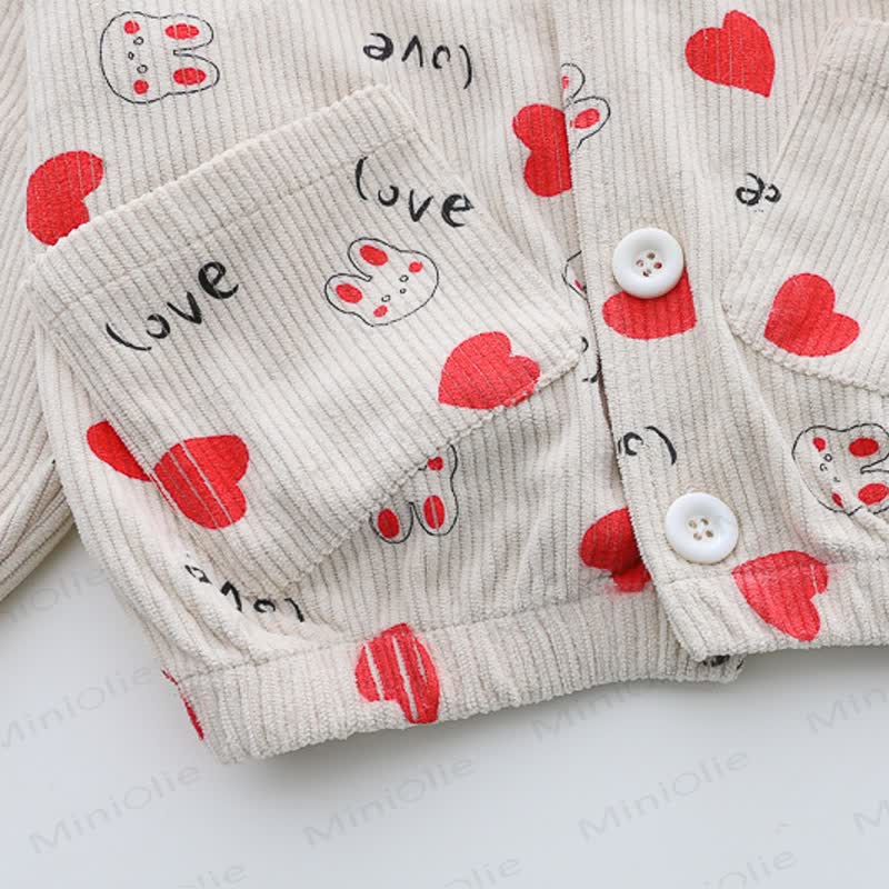 Toddler Girl Bunny Heart Print Corduroy Cardigan and Denim Pants 3-piece Set - image 7