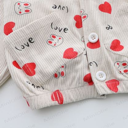 Toddler Girl Bunny Heart Print Corduroy Cardigan and Denim Pants 3-piece Set - image 7