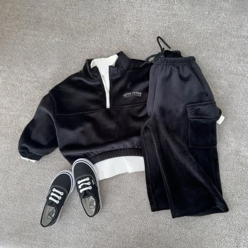 Toddelr Corduroy Half Zip Sweatshirt and Pants 2-piece Set - Black - 5-6Y - image 3