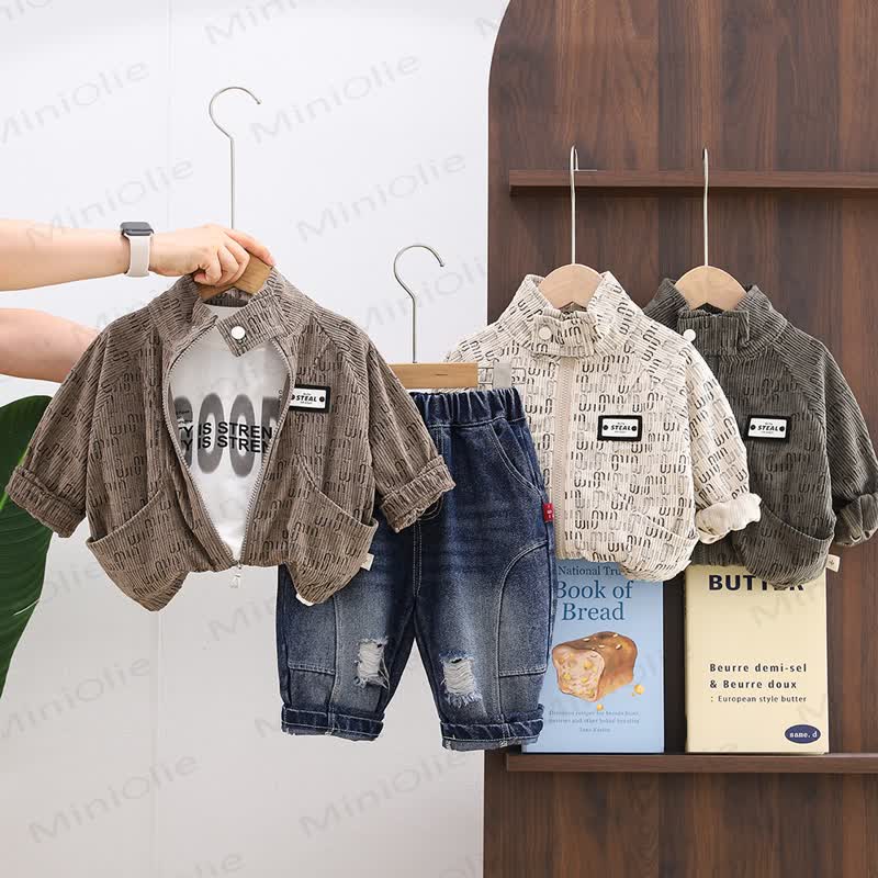 Toddler Boy Corduroy Zip Jacket and Denim Jogger 3-piece Set - image 1