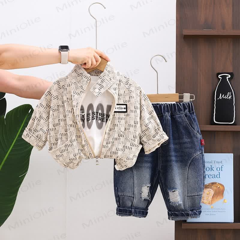 Toddler Boy Corduroy Zip Jacket and Denim Jogger 3-piece Set - Beige - 4-5T - image 4