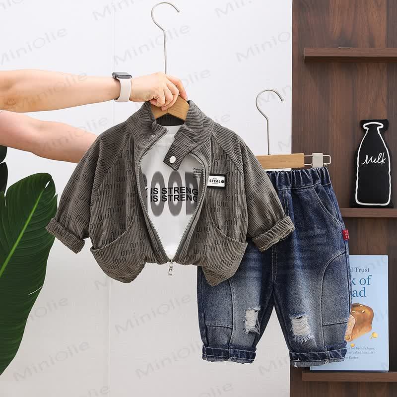 Toddler Boy Corduroy Zip Jacket and Denim Jogger 3-piece Set - Green - 4-5T - image 2