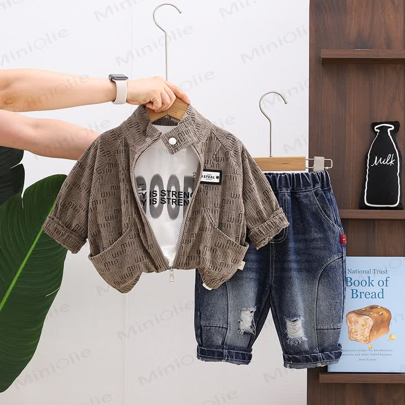 Toddler Boy Corduroy Zip Jacket and Denim Jogger 3-piece Set - Brown - 4-5T - image 3