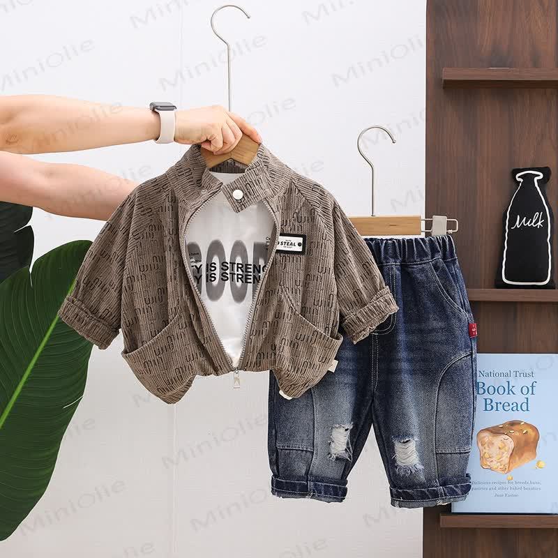 Toddler Boy Corduroy Zip Jacket and Denim Jogger 3-piece Set - Brown - 4-5T - image 3