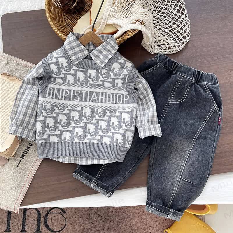 Toddler Boy Plaid Shirt and Knit Vest 3-piece Set - Gray - 4-5T - image 3