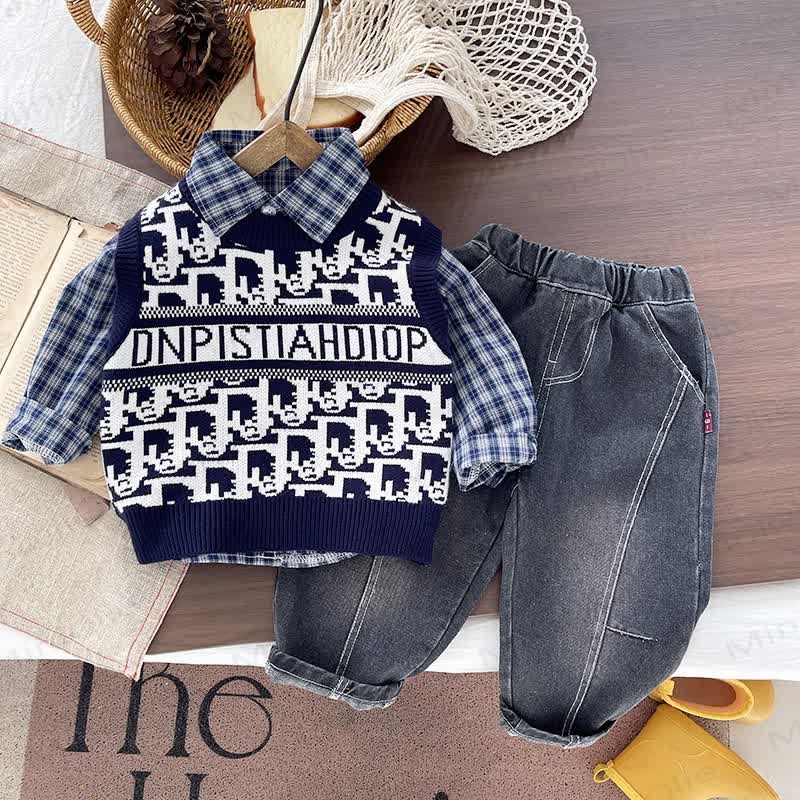 Toddler Boy Plaid Shirt and Knit Vest 3-piece Set - Navy - 4-5T - image 2