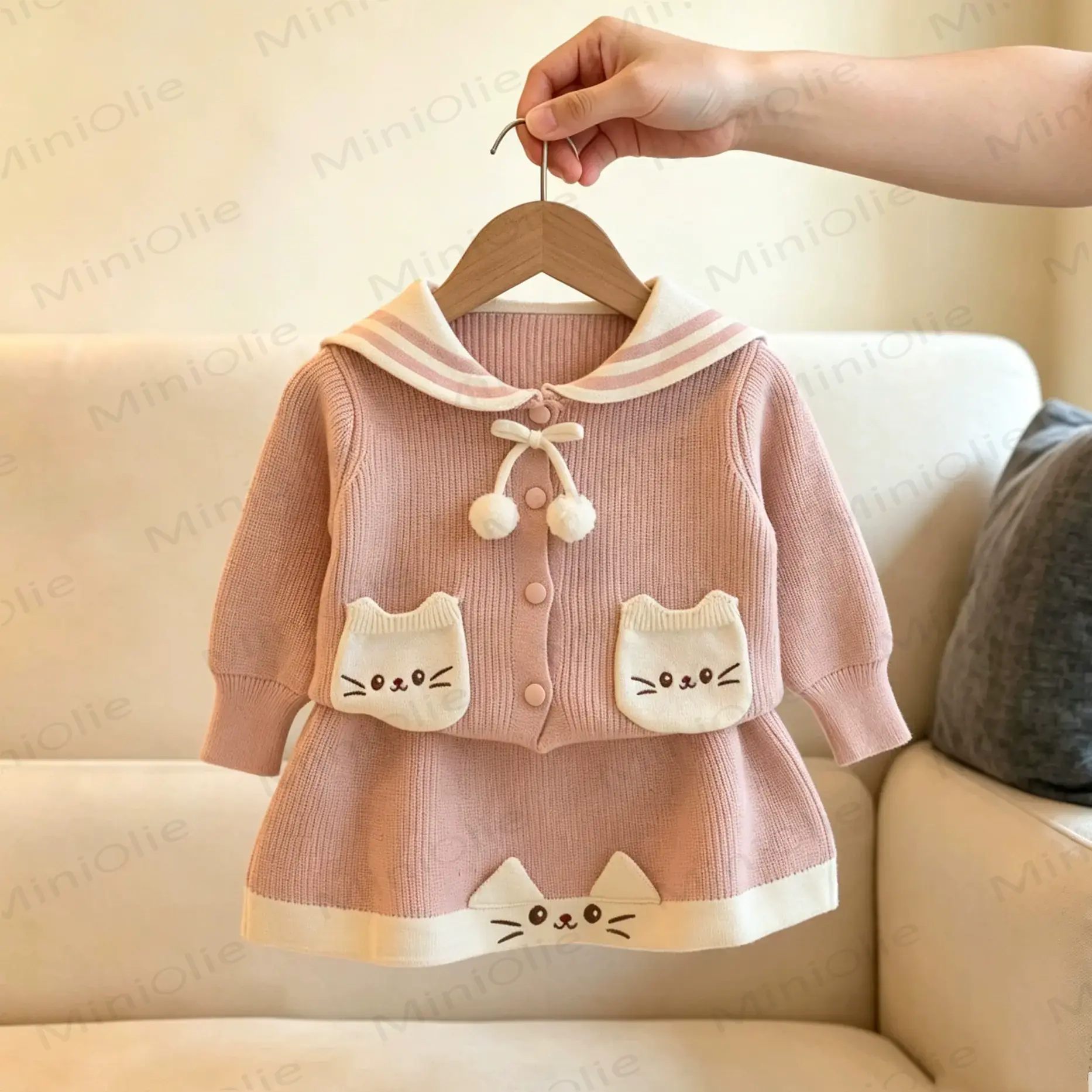 Toddler Girl Cat Pocket Sailor Collar Knit Dress - Pink - 6-7T - image 1