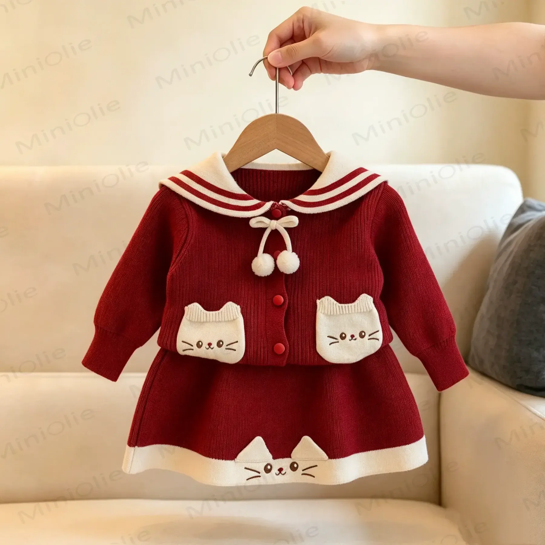 Toddler Girl Cat Pocket Sailor Collar Knit Dress - Red - 6-7T - image 2