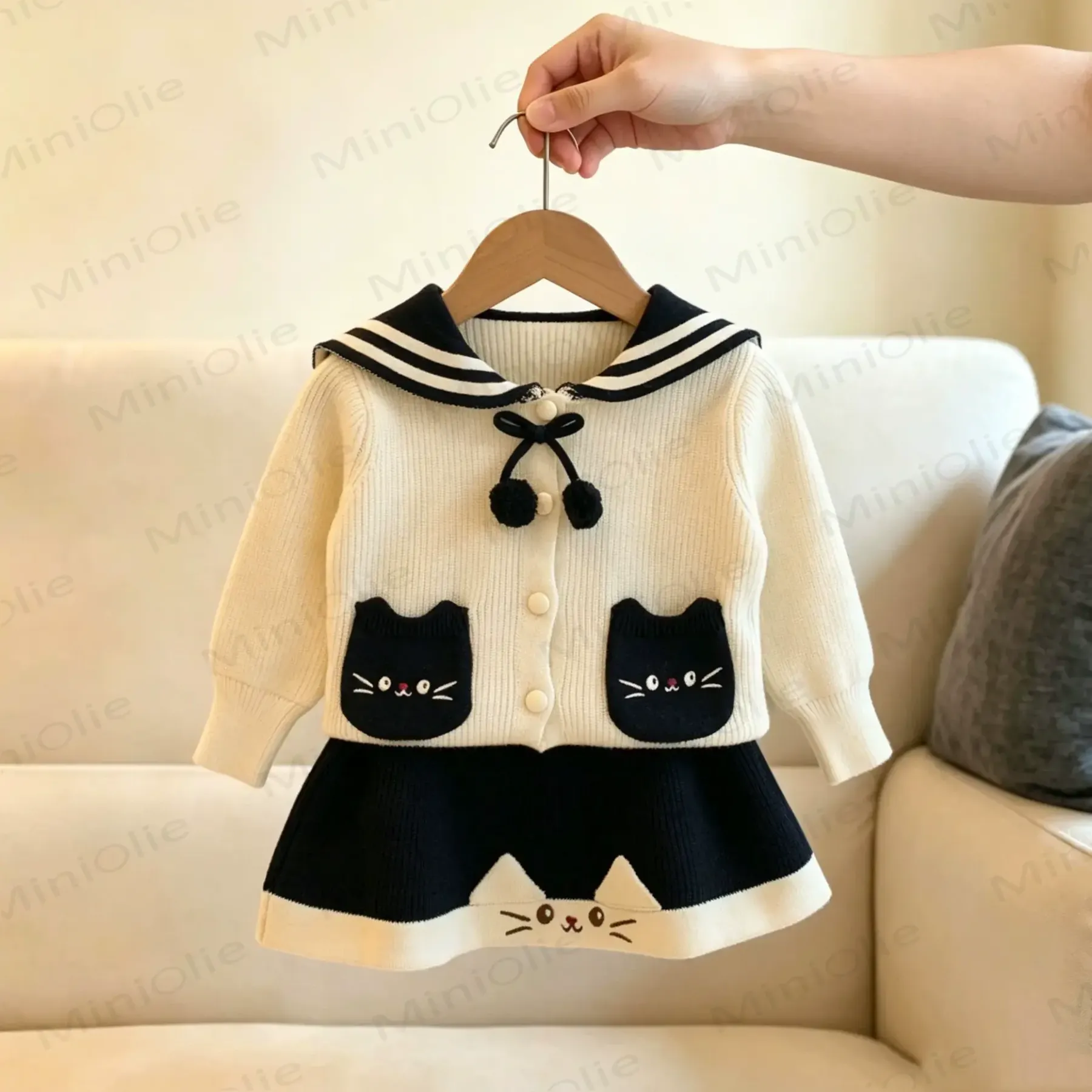 Toddler Girl Cat Pocket Sailor Collar Knit Dress - White - 6-7T - image 3