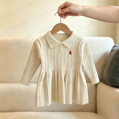 Toddler Baby Heart Button Cable Knit Long Sleeve Dress - Beige - 4-5T - image 2