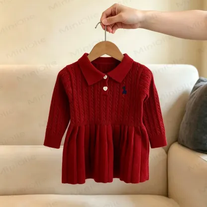 Toddler Baby Heart Button Cable Knit Long Sleeve Dress - Red - 4-5T - image 4