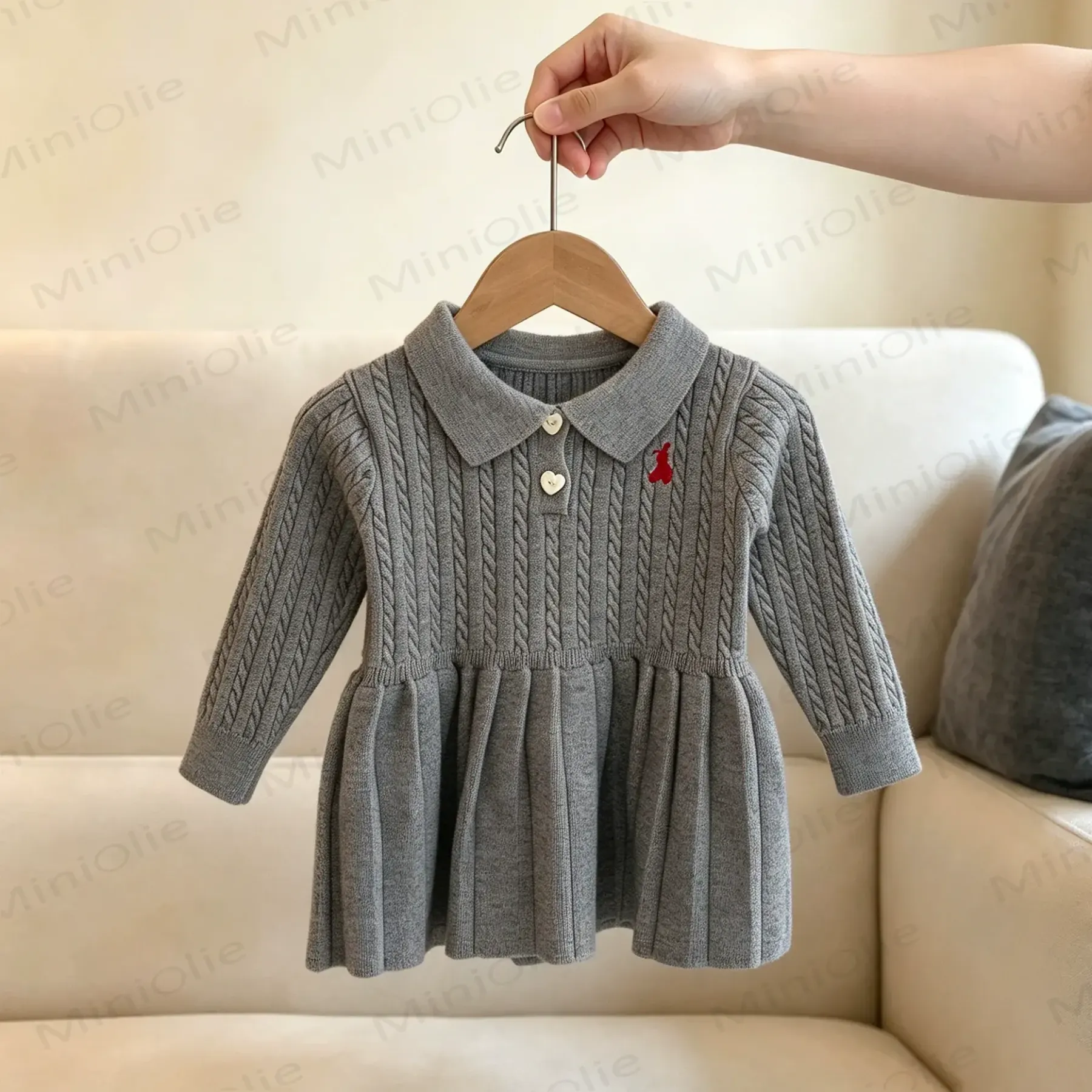 Toddler Baby Heart Button Cable Knit Long Sleeve Dress - Gray - 4-5T - image 5