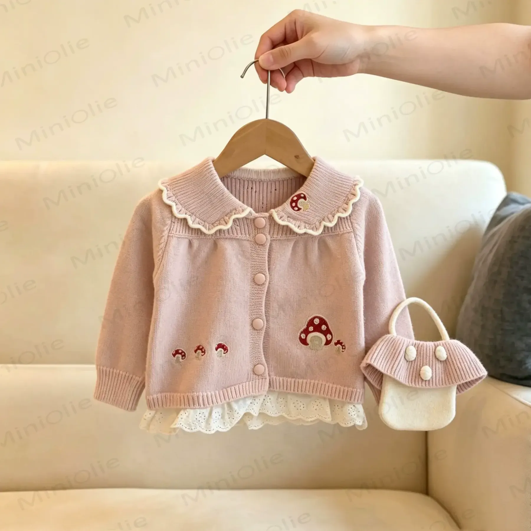 Toddler Girl Mushroom Lace Trim Knit Cardigan with Bag - Pink - 6-7T - image 1