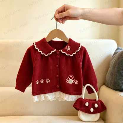 Toddler Girl Mushroom Lace Trim Knit Cardigan with Bag - Red - 6-7T - image 2