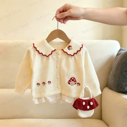 Toddler Girl Mushroom Lace Trim Knit Cardigan with Bag - White - 6-7T - image 3