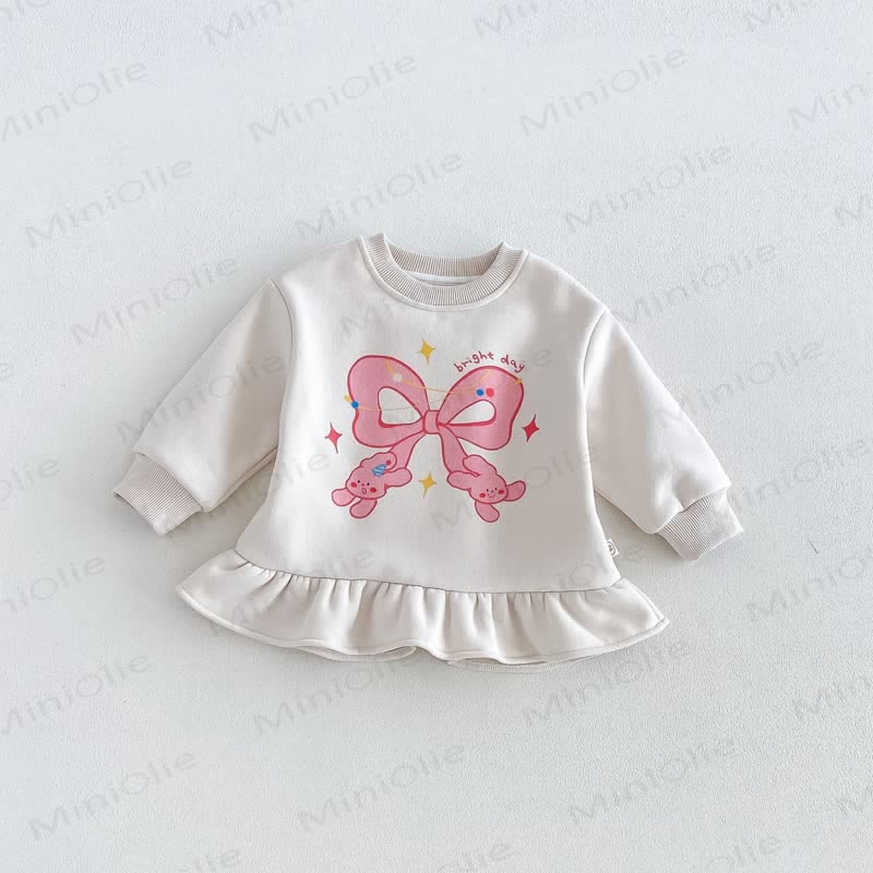 Baby Toddler Cartoon Ruffle Hem Long Sleeve Dress - Beige - 6-7T - image 2