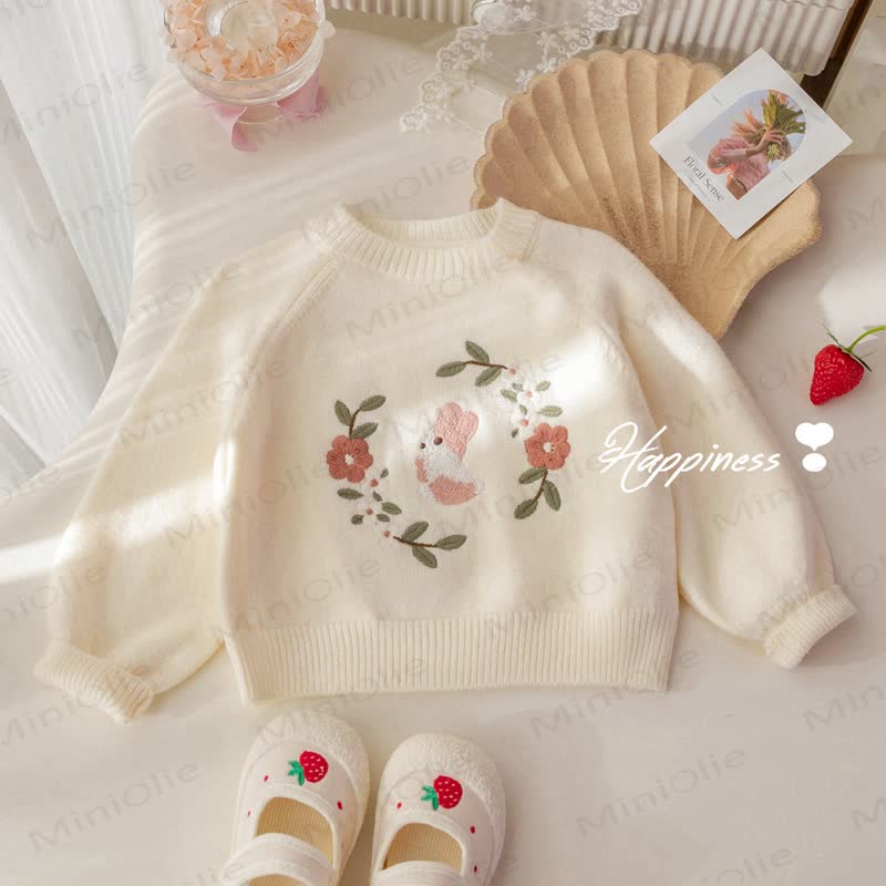 Baby Toddler Floral Bunny Sweater - Beige - 6-7T - image 2