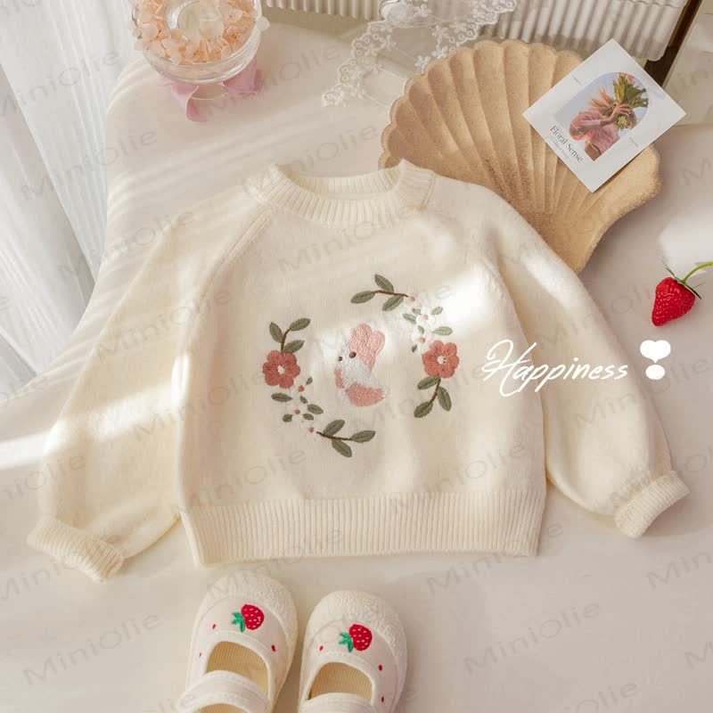 Baby Toddler Floral Bunny Sweater - Beige - 6-7T - image 2