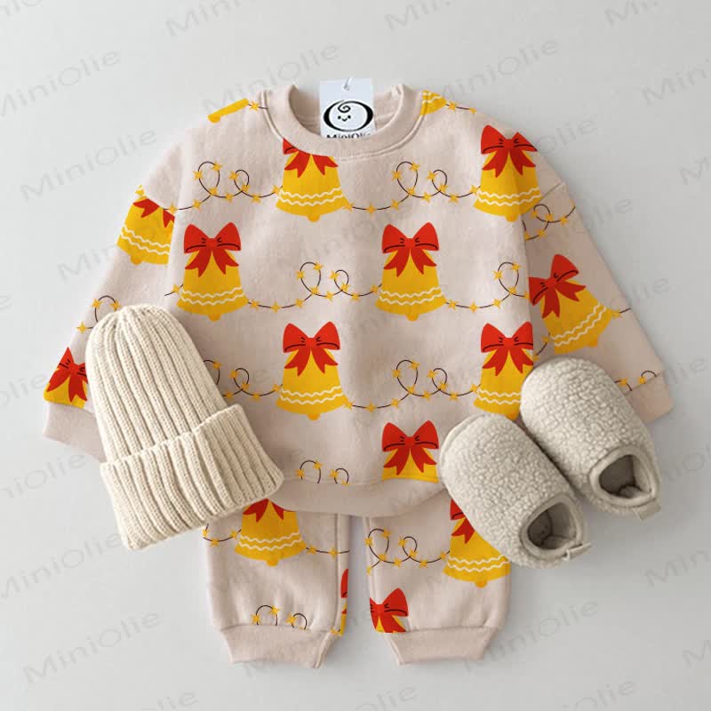Baby Bow Bells Print Beige 2-piece Set - Beige - 3-5T - image 1