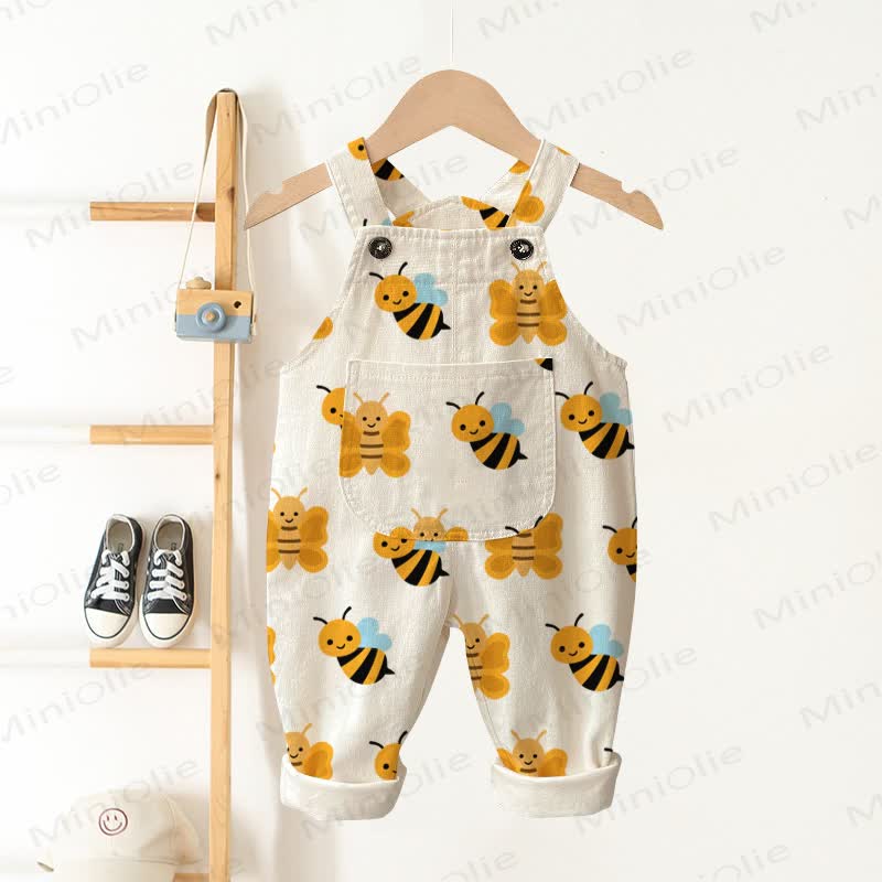 Baby Toddler Bee Print Pocket Overalls - Beige - 3-5T - image 1