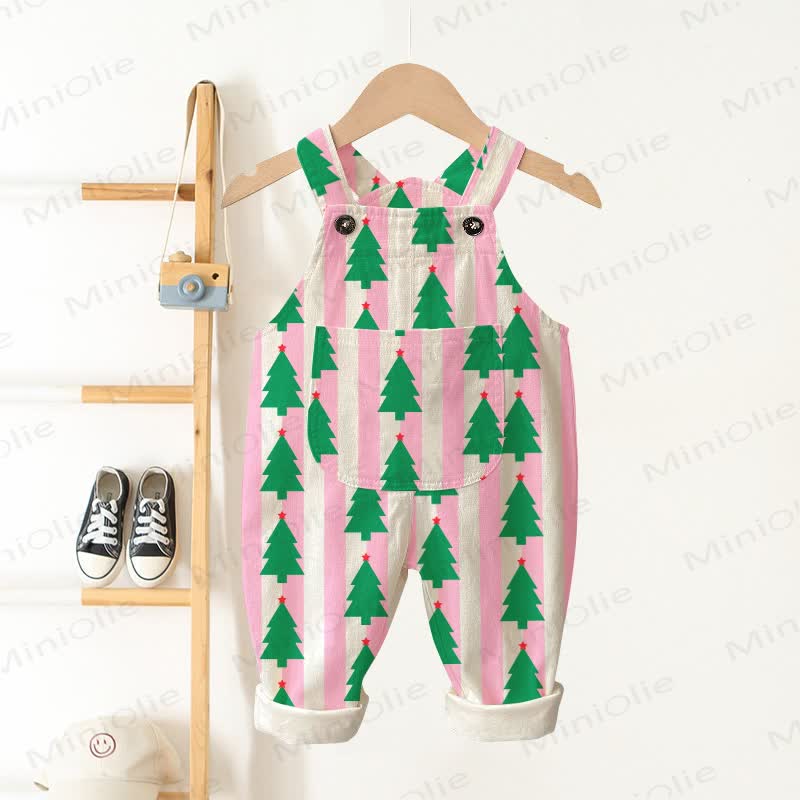 Baby Toddler Pink Striped Christmas Tree Print Pocket Overalls - Beige - 3-5T - image 1