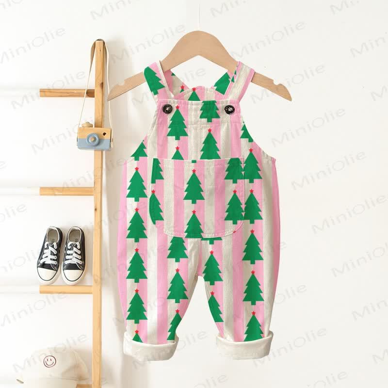 Baby Toddler Pink Striped Christmas Tree Print Pocket Overalls - Beige - 3-5T - image 1