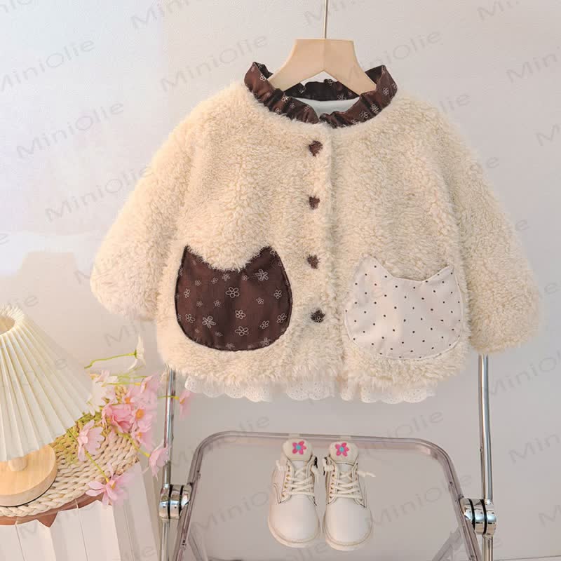 Toddler Baby Girl Contrast Cat Pocket Peplum Jacket - Beige - 4-5T - image 1