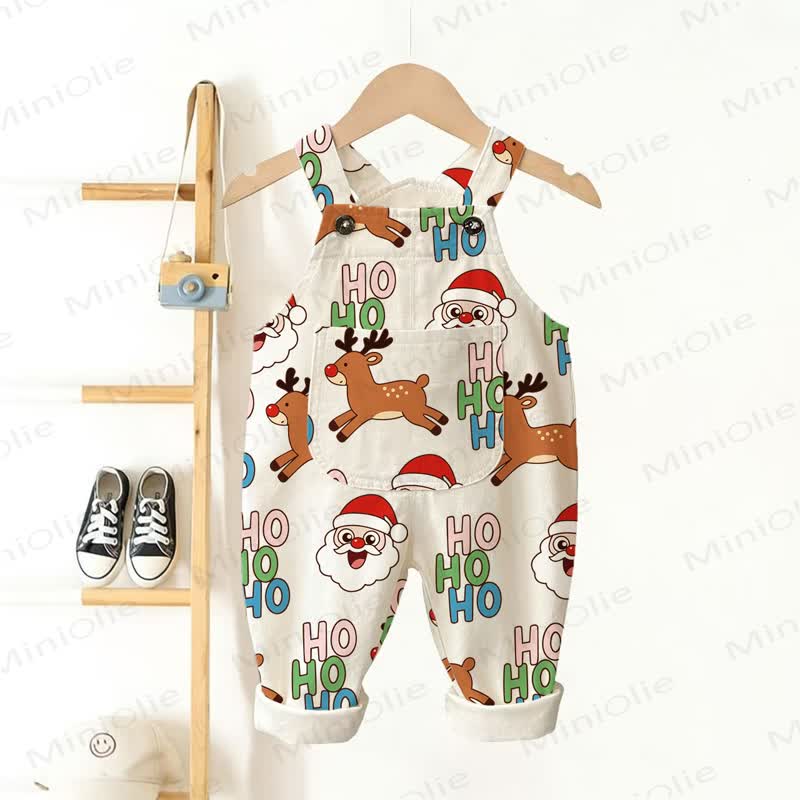 HOHOHO Baby Toddler Santa Reindeer Print Pocket Overalls - Beige - 3-5T - image 1