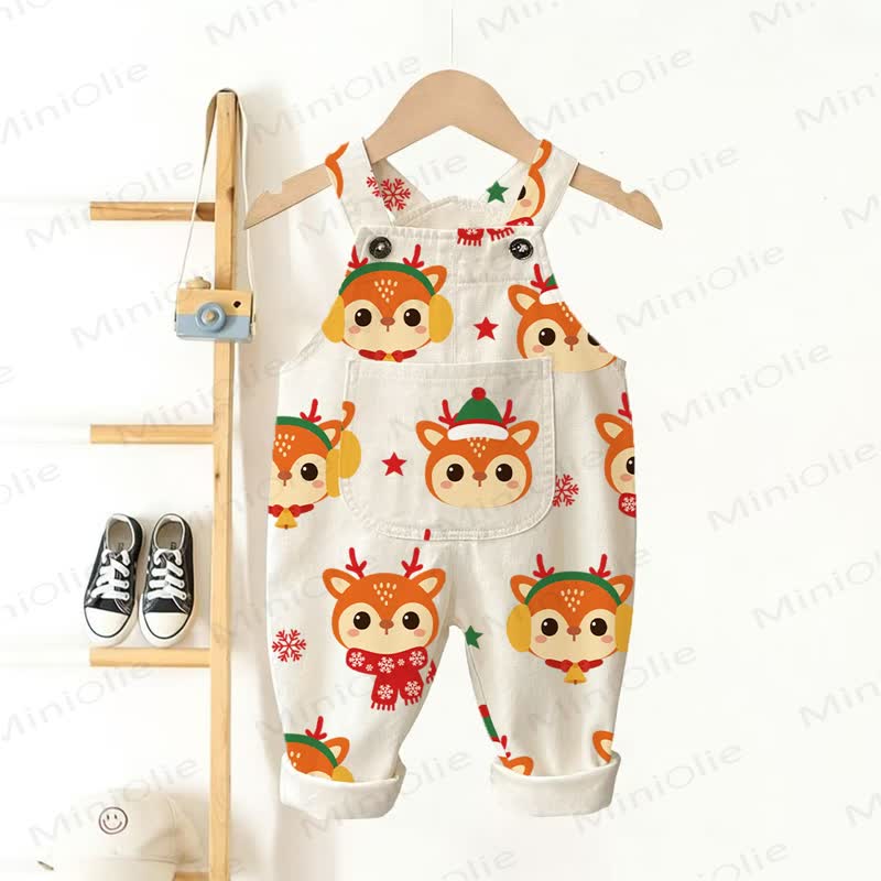 Baby Toddler Cute Reindeer Print Pocket Overalls - Beige - 3-5T - image 1