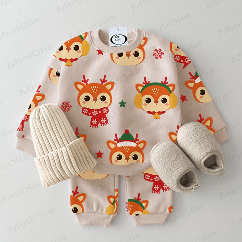 Baby Cute Reindeer Print Beige 2-piece Set - Beige - 3-5T - image 1