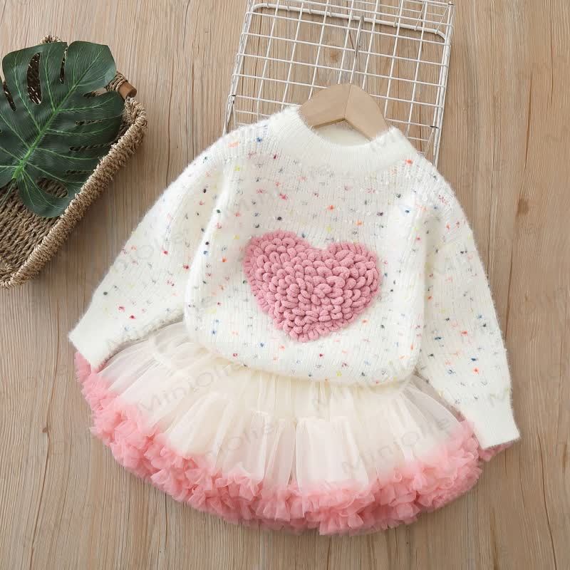 Toddler Girl Heart Applique Sweater and Tulle Skirt 2-piece Set - Beige - 6-7T - image 1