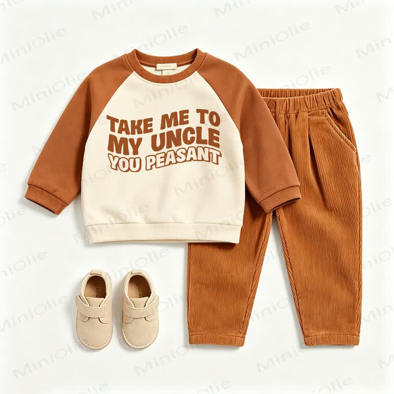 TAKE ME TO MY UNCLE YOU PEASANT Baby Toddler Brown Raglan Sweatshirt and Corduroy Pants 2-piece Set - Brown - 3-5T - image 1