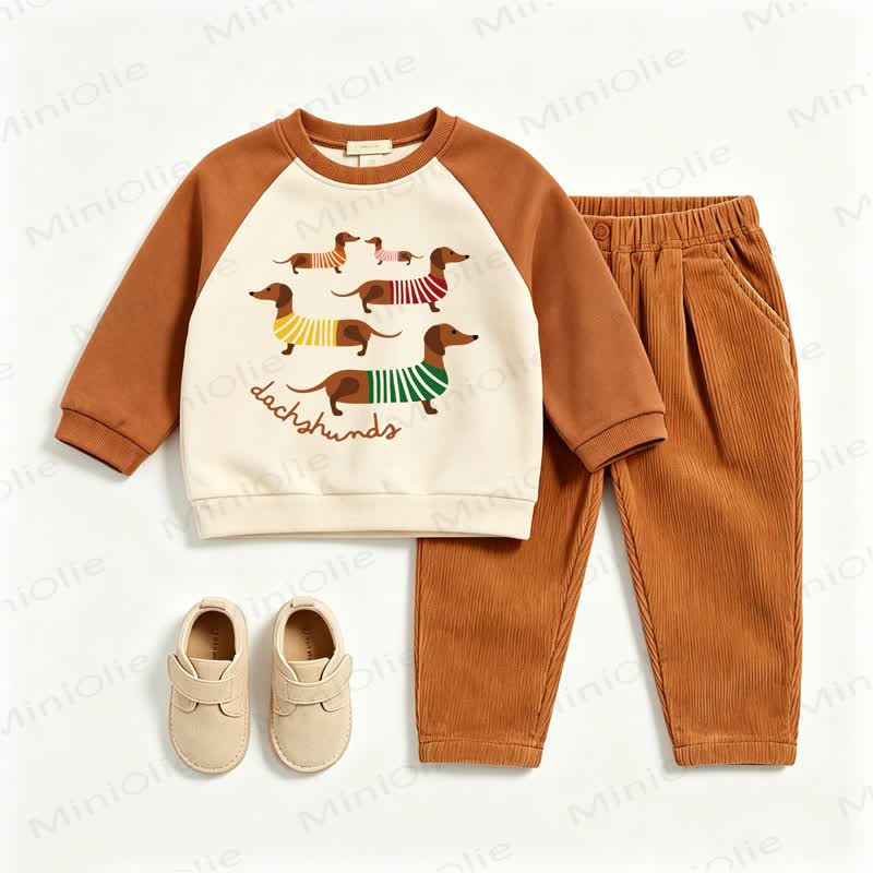 DACHSHUNDS Baby Toddler Brown Raglan Sweatshirt and Corduroy Pants 2-piece Set - Brown - 3-5T - image 1