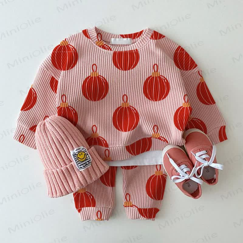 Baby Christmas Ornament Waffle Sweartshit and Pants 2-piece Set - Pink - 2-3T - image 1