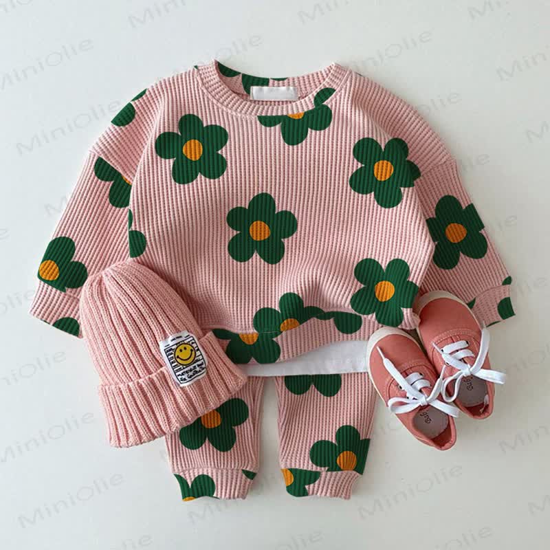 Baby Flower Waffle Sweartshit and Pants 2-piece Set - Pink - 2-3T - image 1